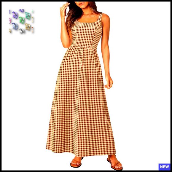 Dresses & Skirts - Plaid Square Neck Maxi Dress Spaghetti Strap A-Line Smocked Back Beach Vacation